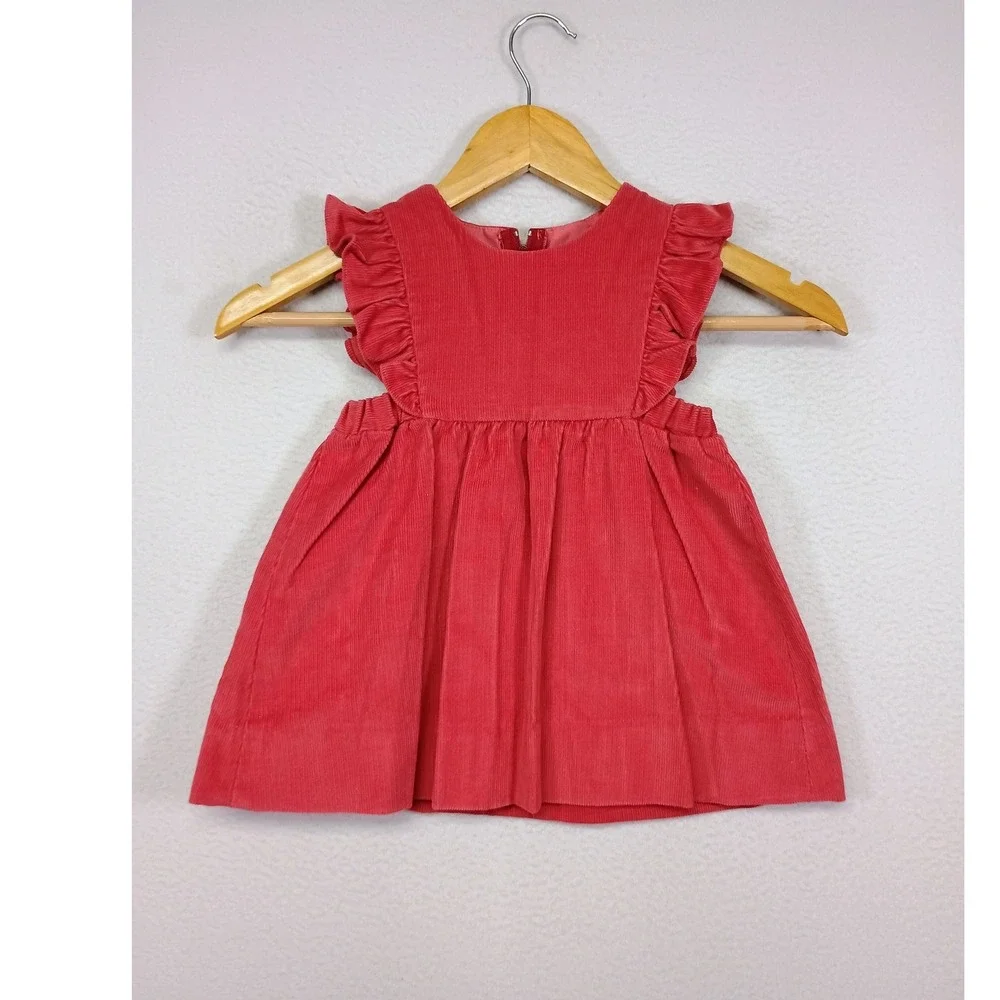 Cottagecore Fischel by Johnston Toddler 3T Red Corduroy Ruffle‎ Pinafore Dress